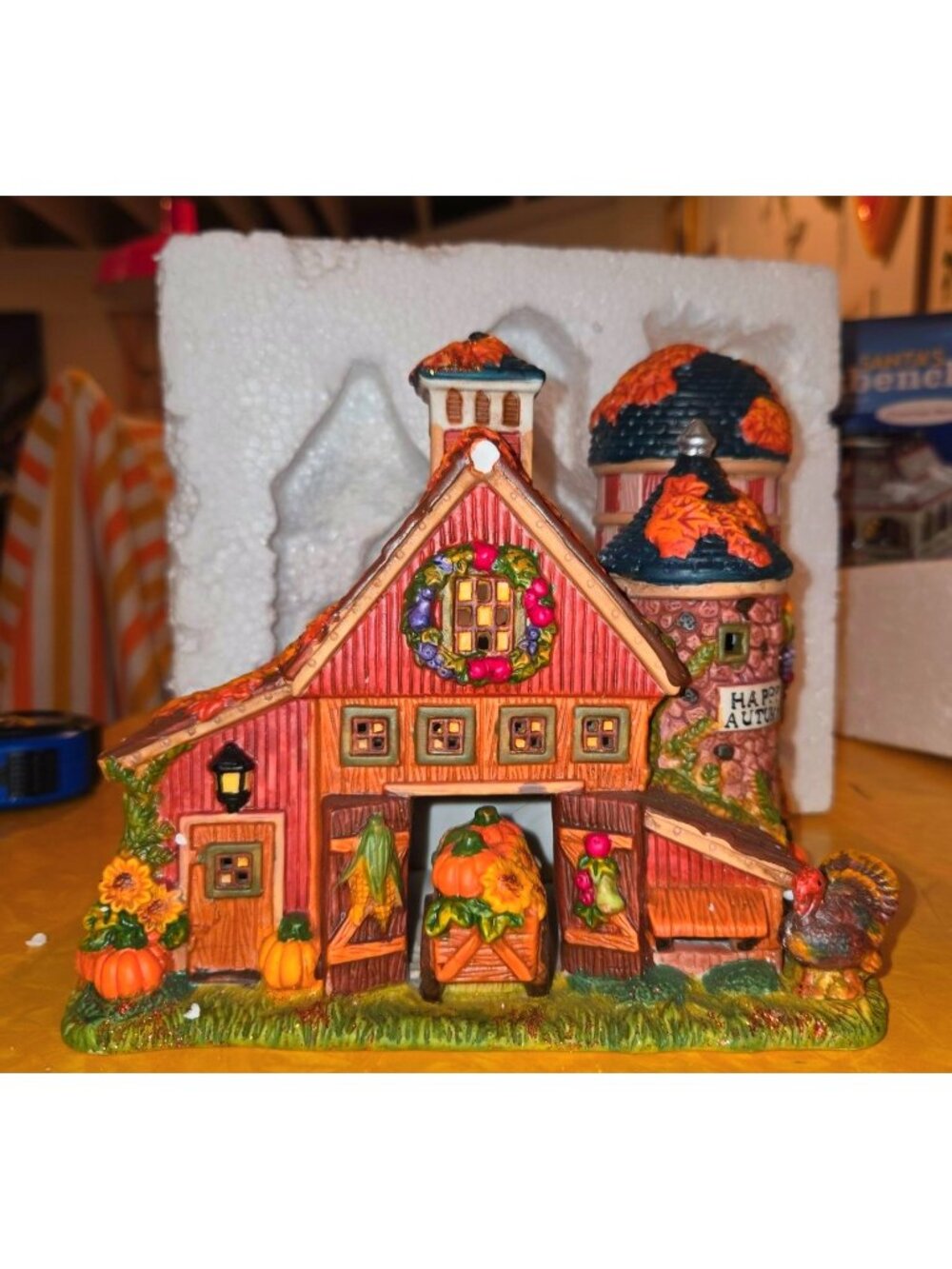 Happy Autumn Harvest Lighted Barn Figurine With Pumpkins & Leaves Décor